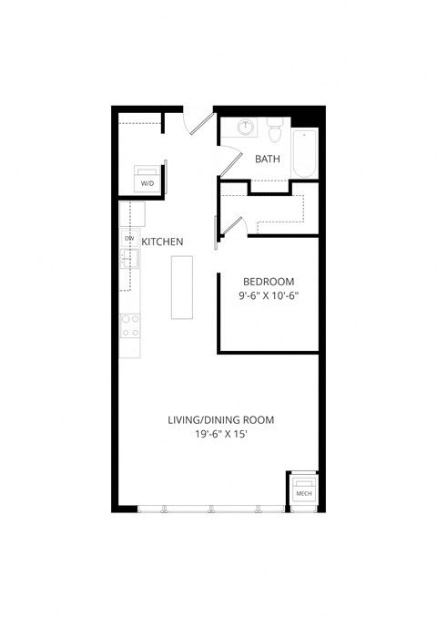 Floor plan for 1 bed, 1 bath, 792 sqft